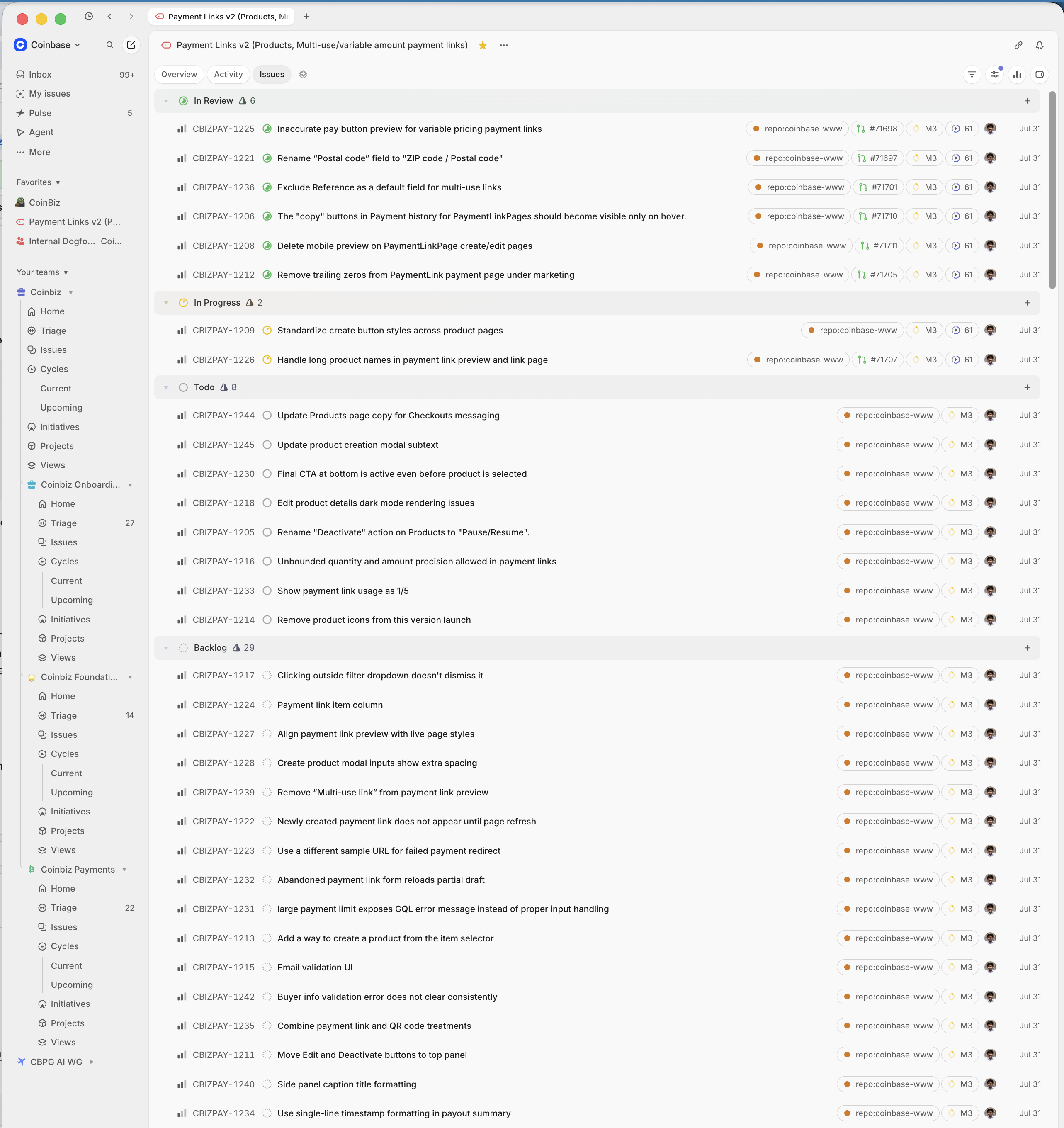Linear project issue list grouped by workflow state, with repository labels, pull requests, milestones, and assignees