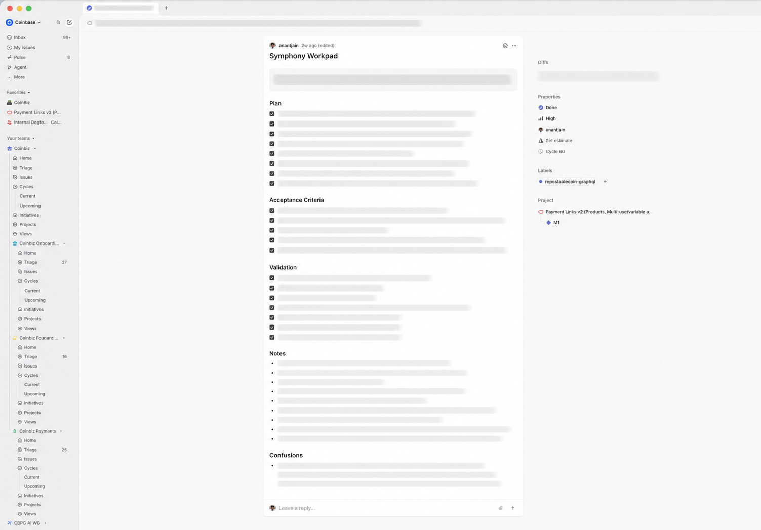 Linear issue with its persistent Symphony Workpad showing the plan, acceptance criteria, validation, notes, and confusions