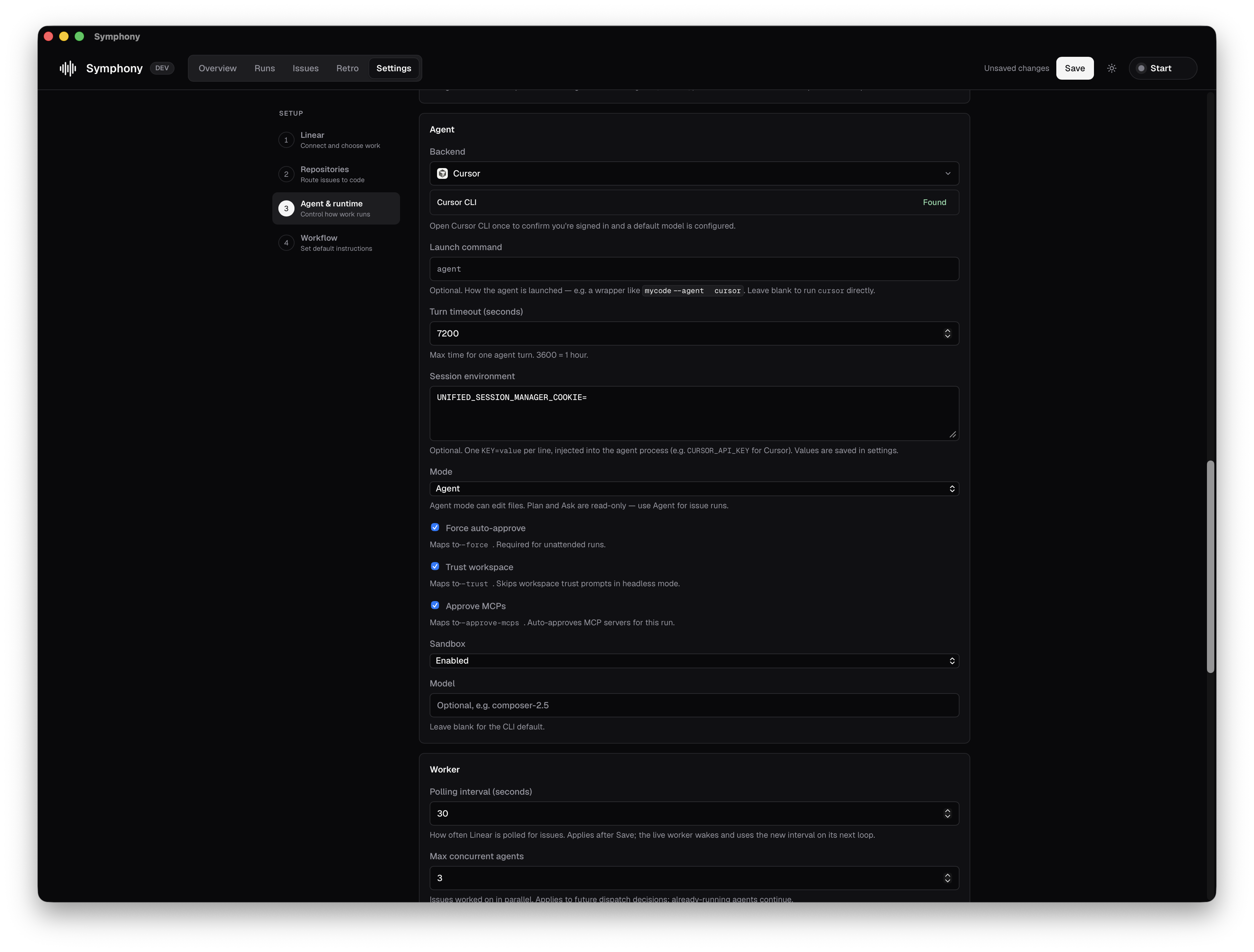 Symphony agent and runtime settings showing the selected backend, model controls, execution mode, polling interval, and concurrency