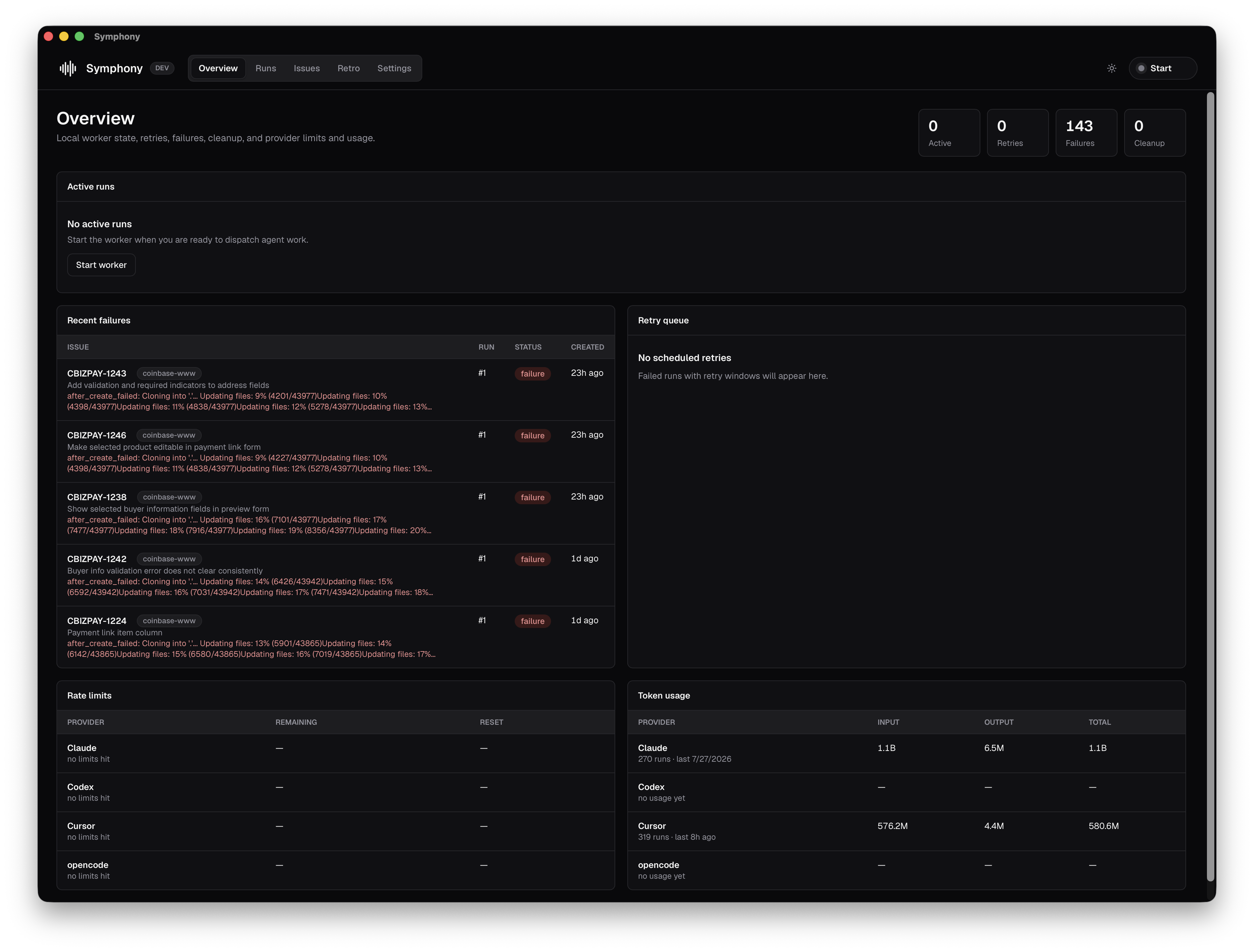 Symphony overview showing worker state, recent failures, retry queue, provider limits, and token usage