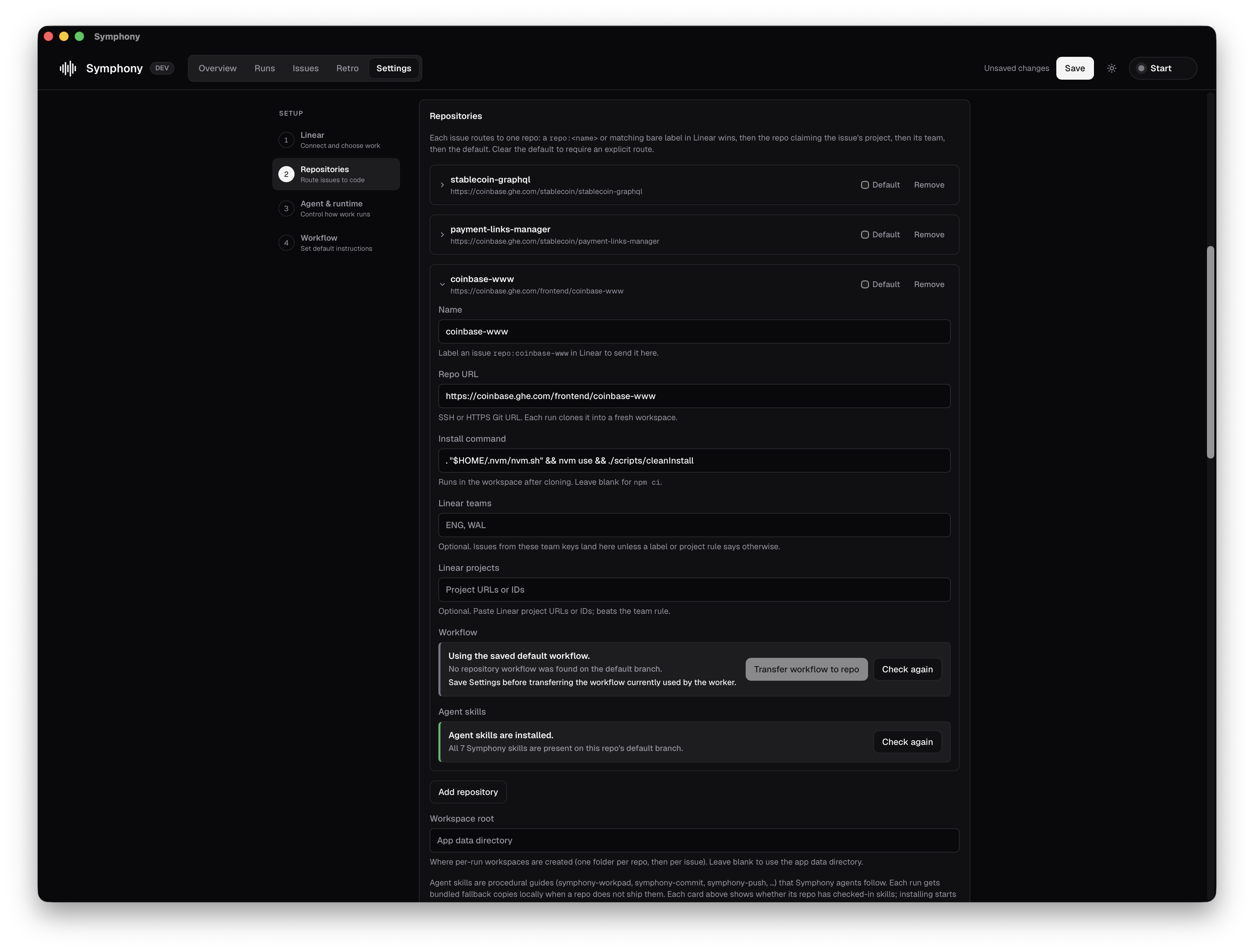 Symphony repository settings showing the clone URL, bootstrap command, routing labels, and workflow selection