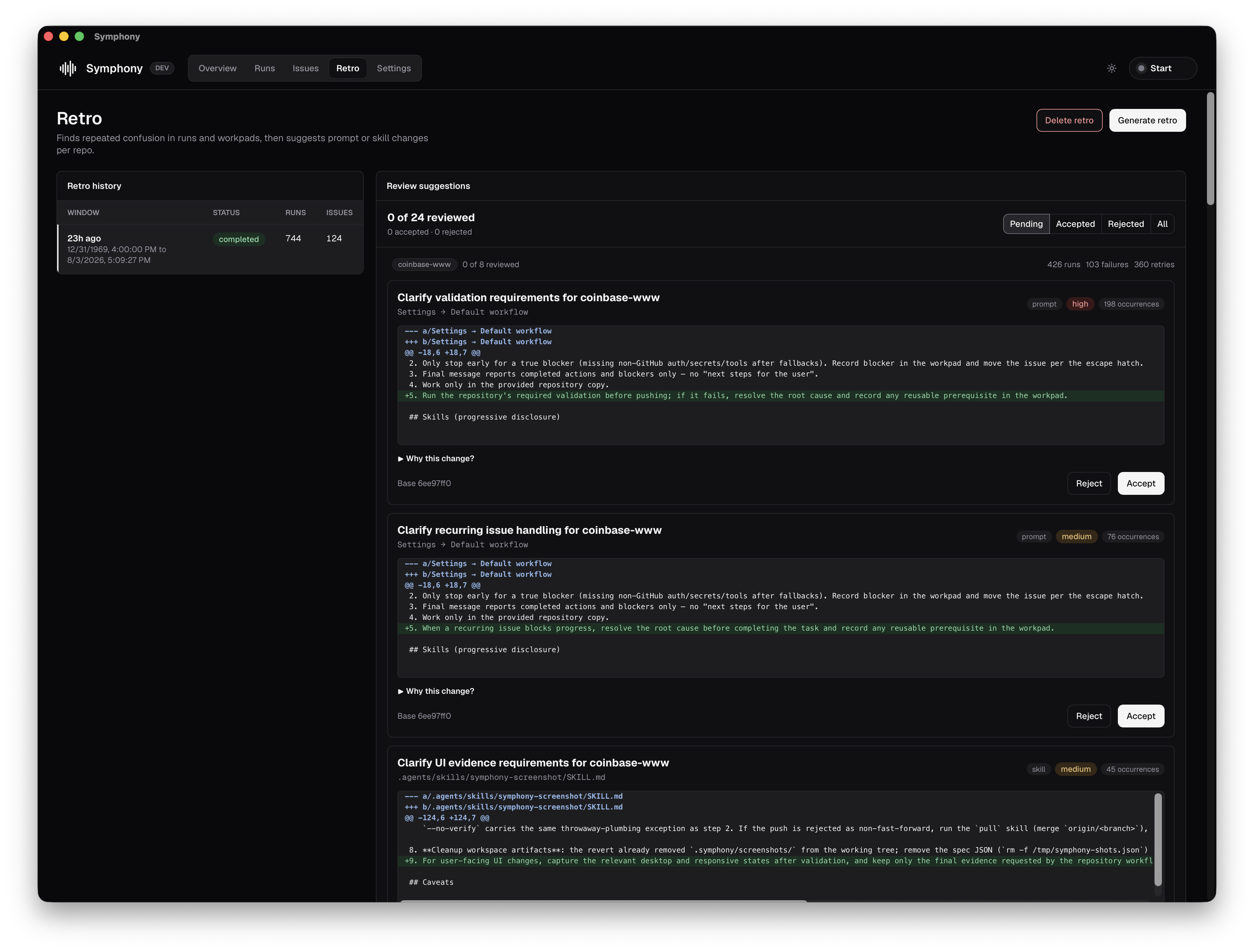 Symphony Retro tab showing a generated retrospective and reviewable workflow improvement suggestions