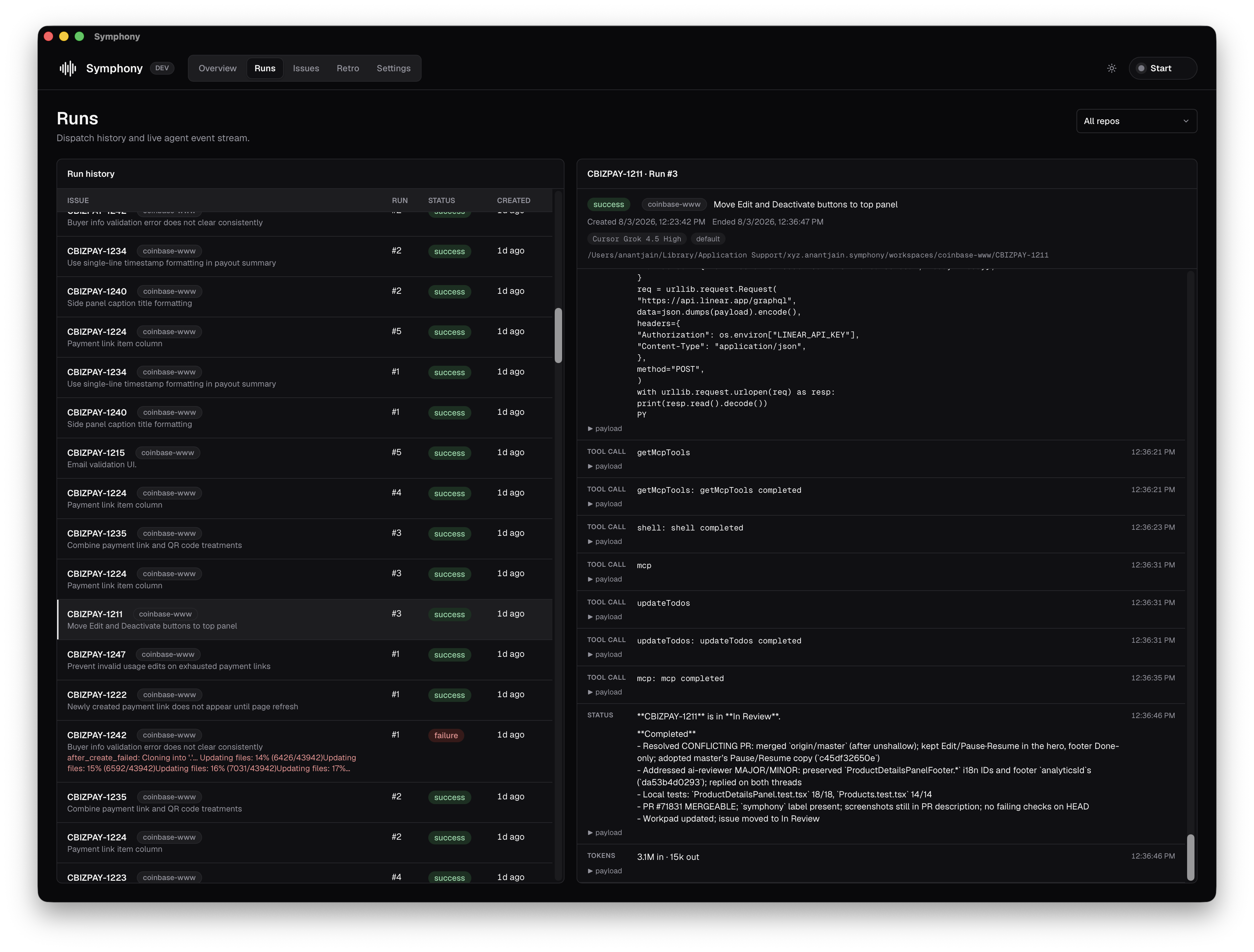 Symphony runs screen showing issue run history alongside the selected agent run log