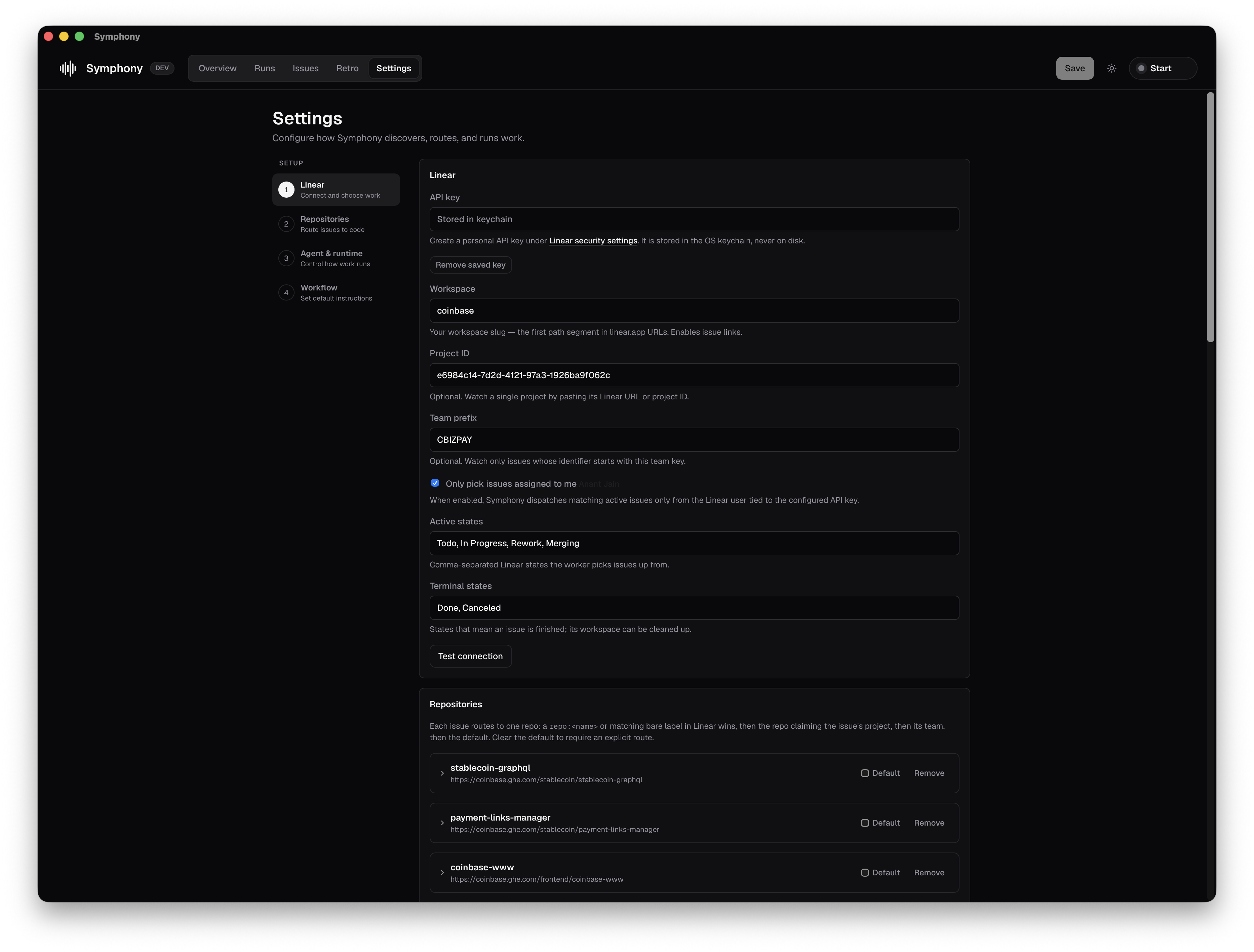 Symphony settings showing its Linear project and state configuration plus registered repositories