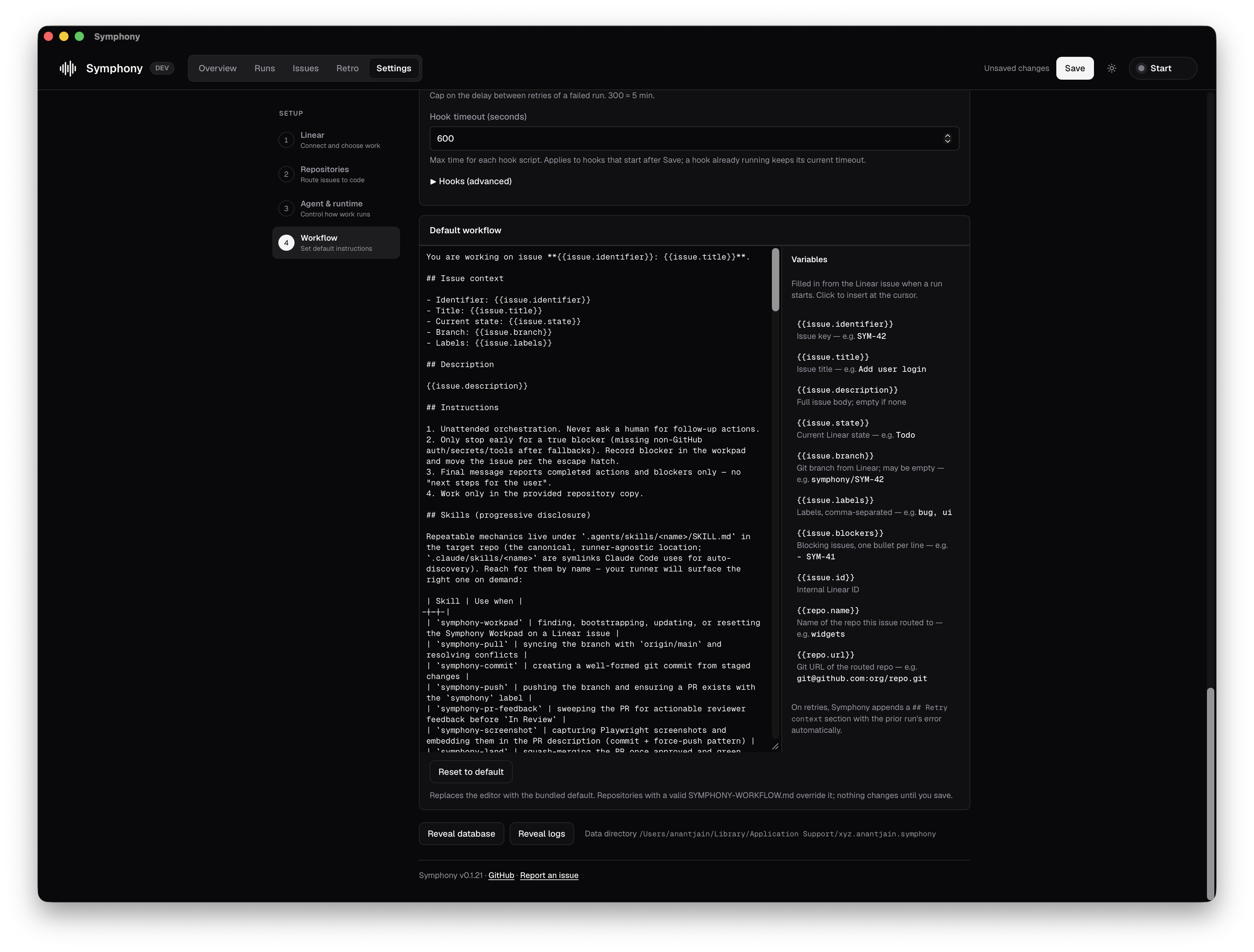 Symphony workflow editor showing the default workflow and available template variables