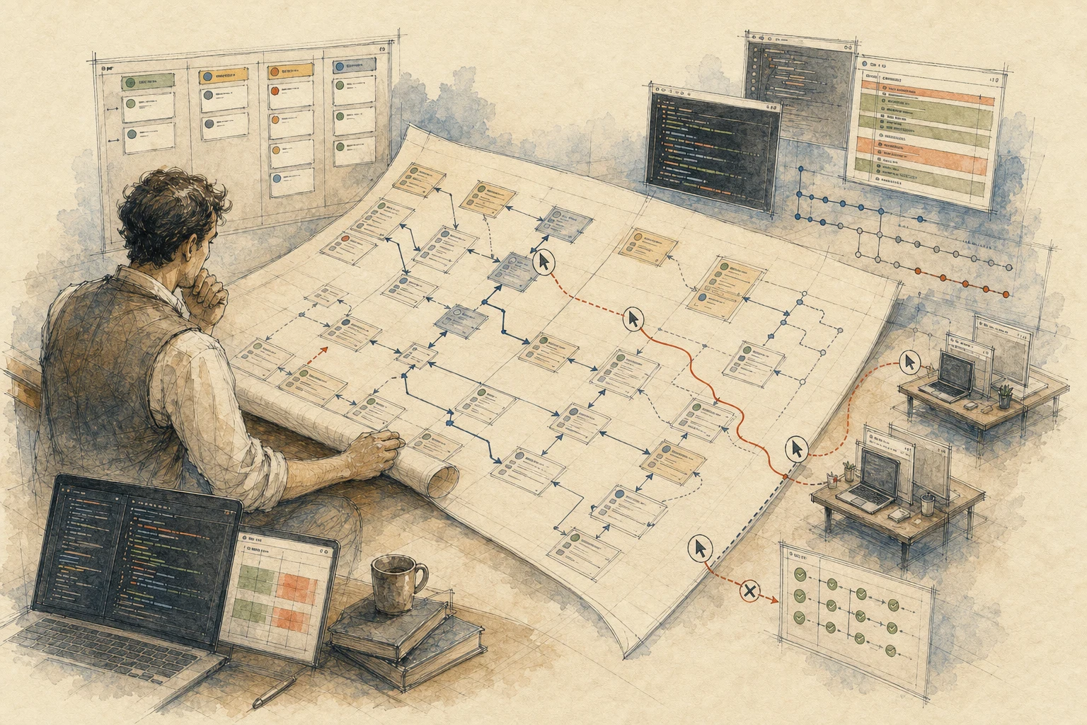 An engineer studying a project map of linked issues, coding agents, and pull requests